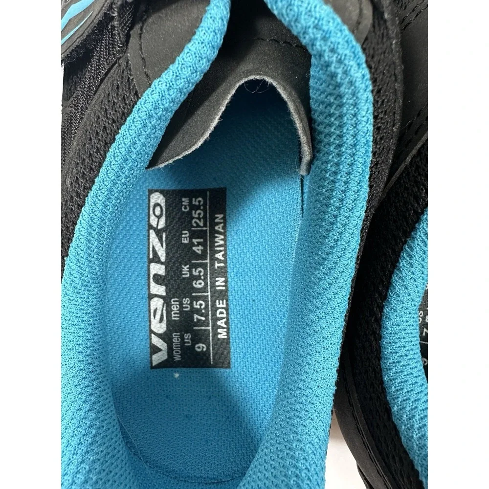 Venzo Cycling Shoes Womens 9 Mens 7.5 Black  Mesh Turquoise Blue W/Cleats 3 Bolt